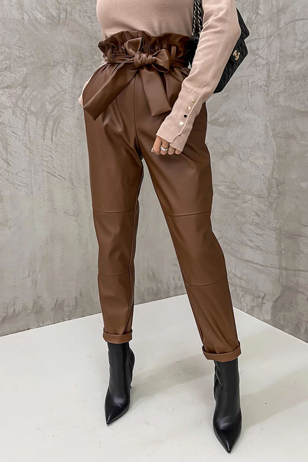 The Dash Petal Waist Pocketed Faux Leather Pants