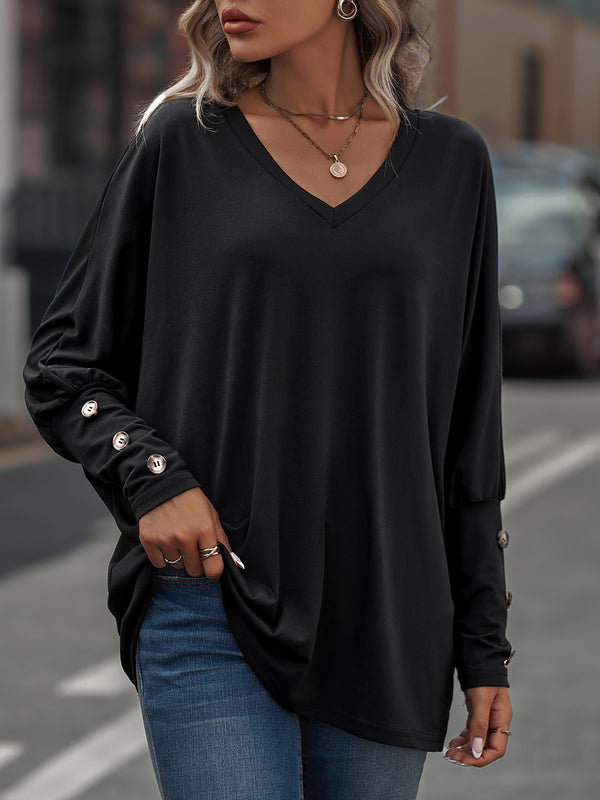 Oversized Loose-Fit V-Neck Batwing Long Sleeve Shirt Top