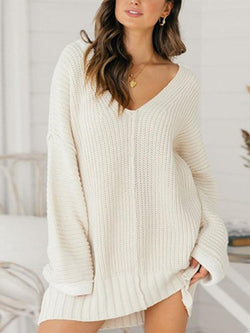 Loose V-neck Solid Dress Sweater