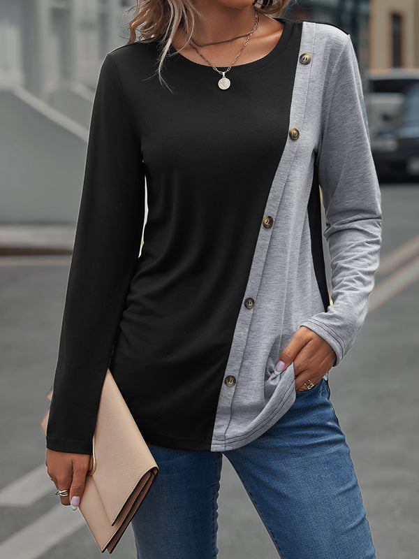 Two-Toned Cross Button Top, Crew Neck Long Sleeve Shirt, Casual Tops, Women's Clothing