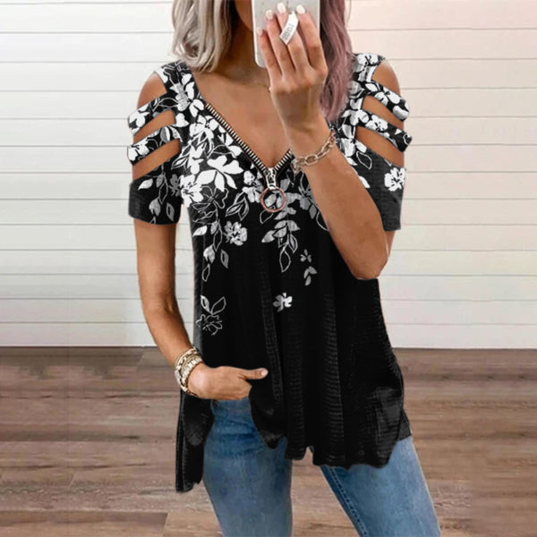 Casual Zip Up Short Sleeve Blouse Top
