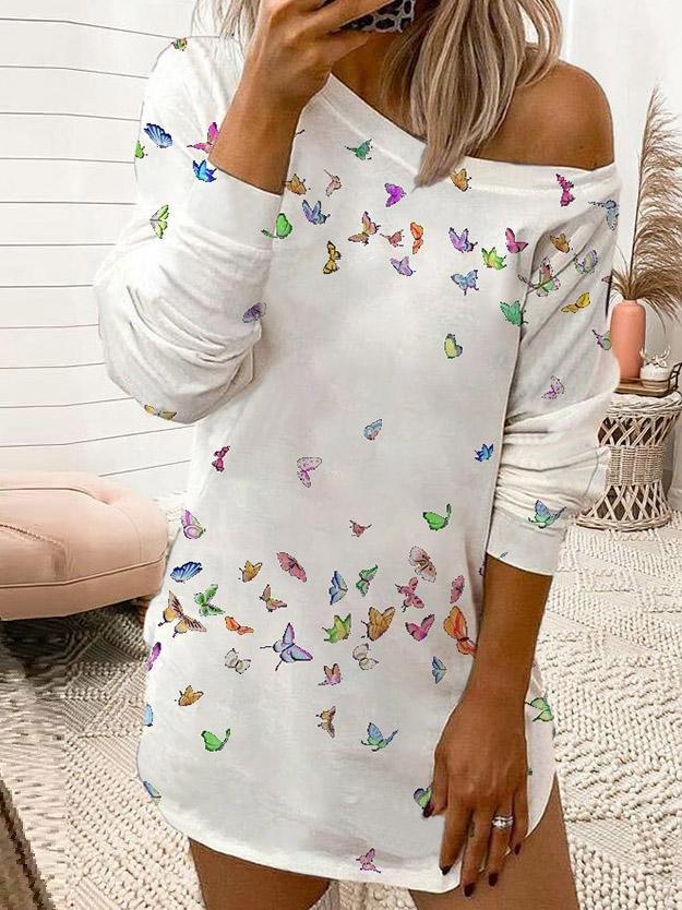 Butterfly Print Long Sleeve T-Shirt Dress