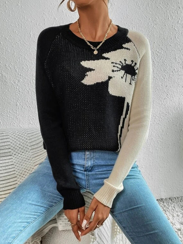 Casual Contrast Long Sleeve Crew Neck Knit Sweater