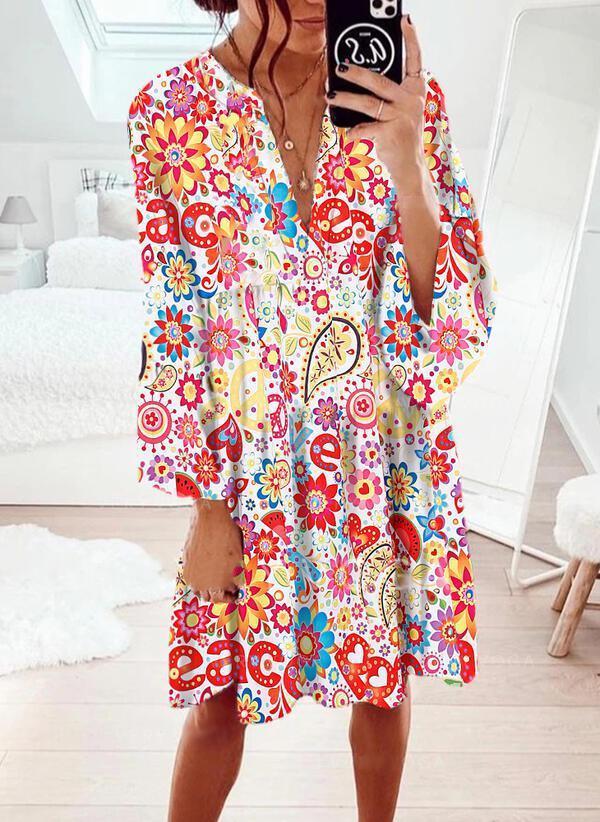 Glamorous V-Neck Long Sleeve Printed Mini Dress-