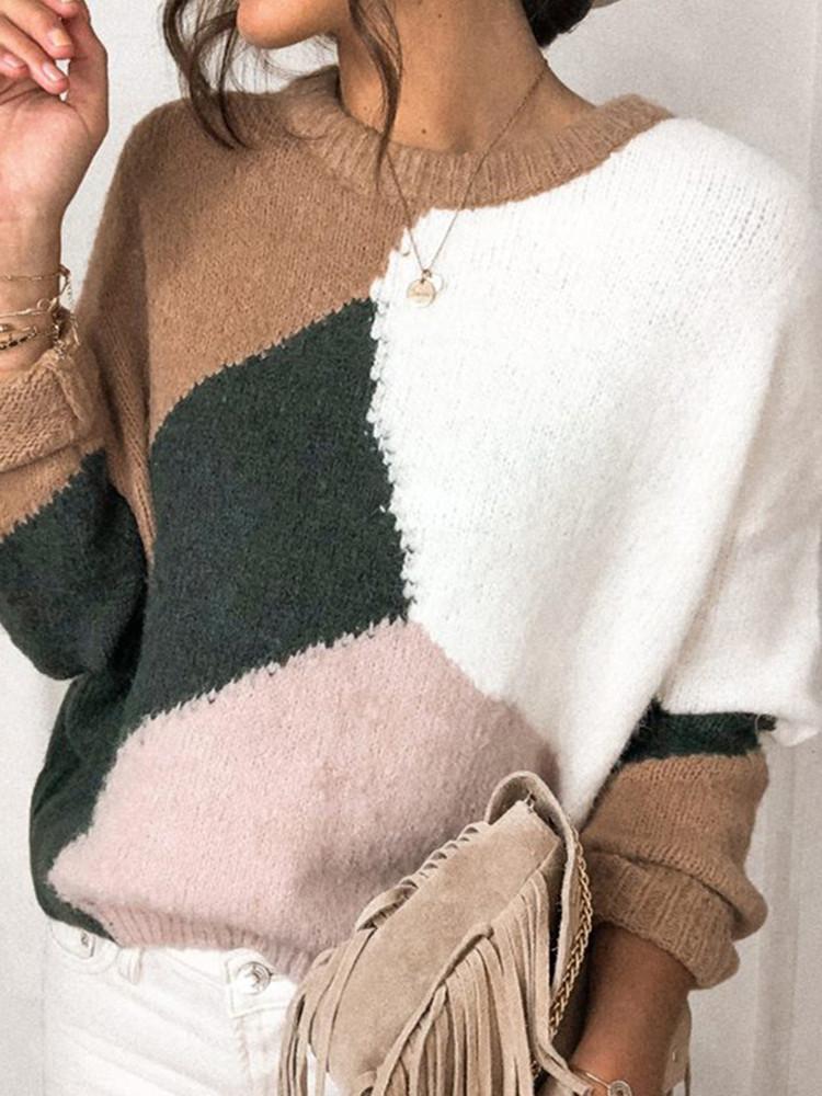 Round Neck Solid Color Block Sweater