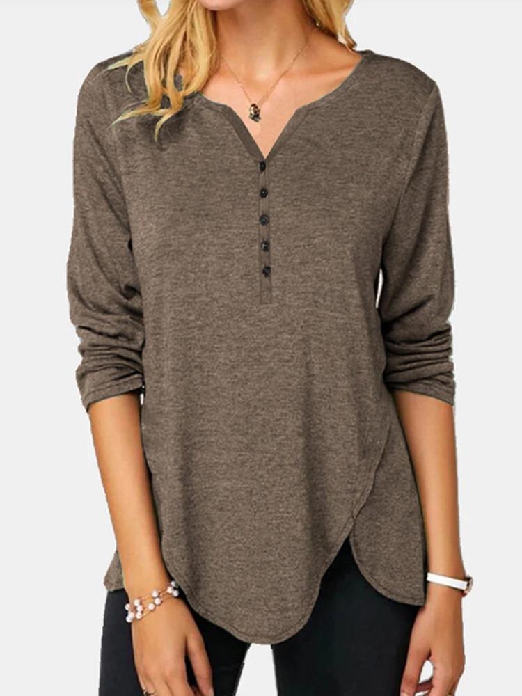 Irregular Hem Button Solid Long-sleeve T-shirt