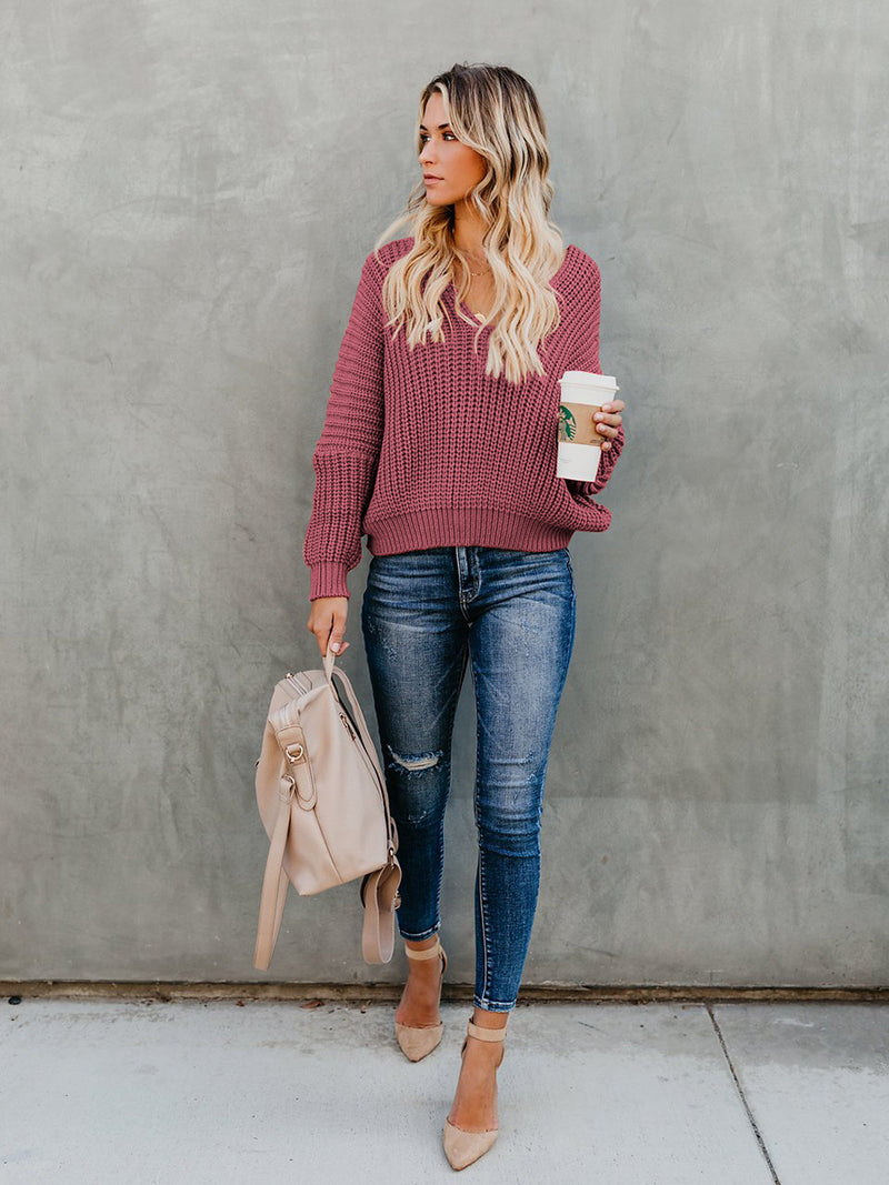 IndianRed Loose Long Sleeve Knit V-neck Sweater