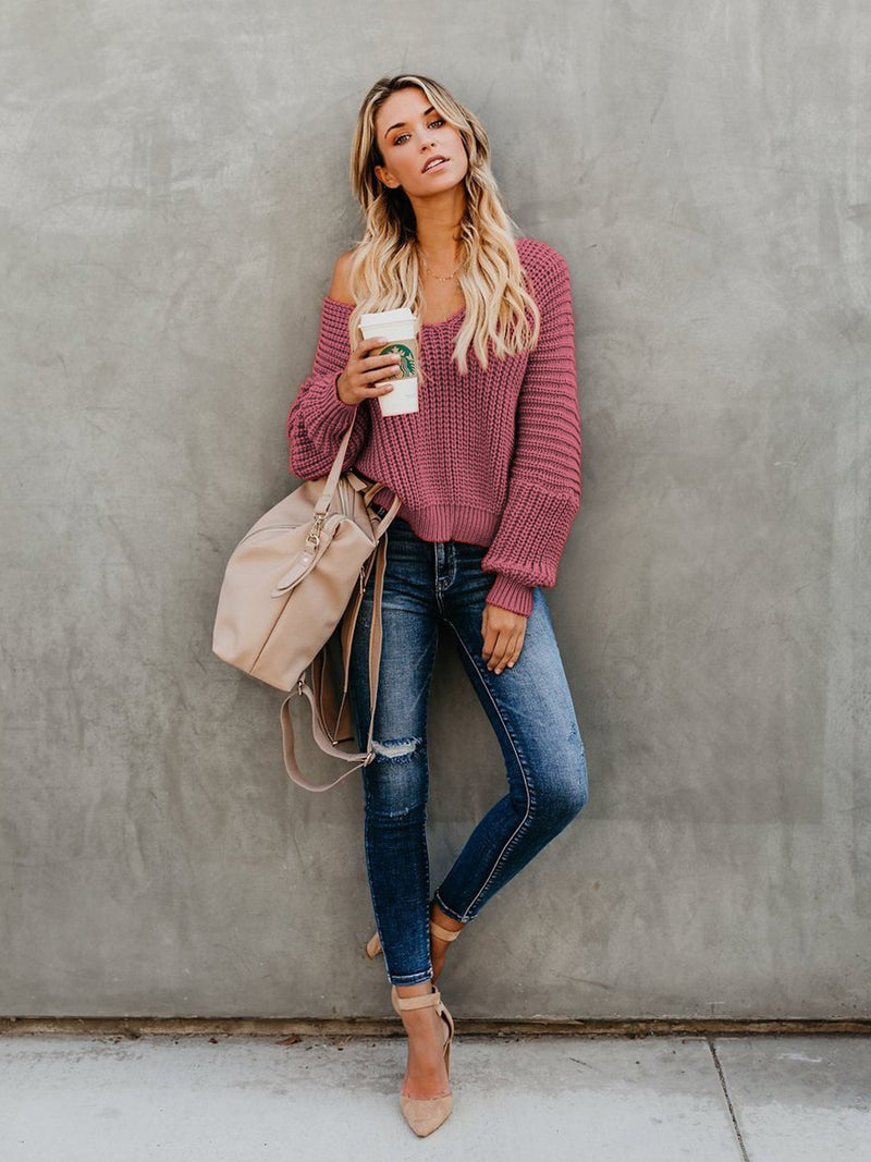 IndianRed Loose Long Sleeve Knit V-neck Sweater