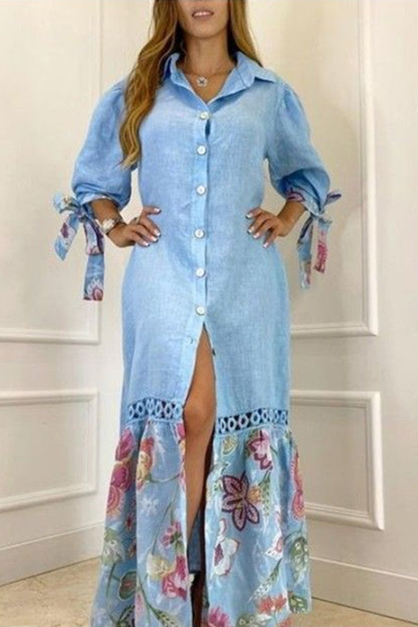 Dorris Lace Bandage Floral Print Shirt Maxi Dress