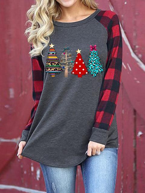 Christmas Print Plaid Sleeve T-shirt