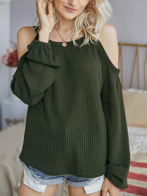 Cold Shoulder Waffle Knitted Tops