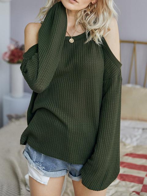 Cold Shoulder Waffle Knitted Tops