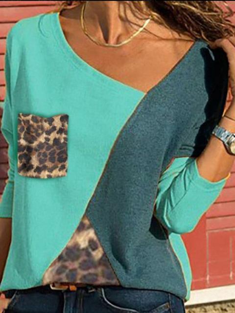 Color Block Stitched Leopard Pocket Tops