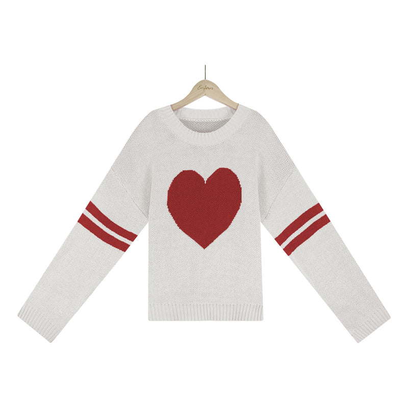 Heart Printed Round Neck Knit Sweater