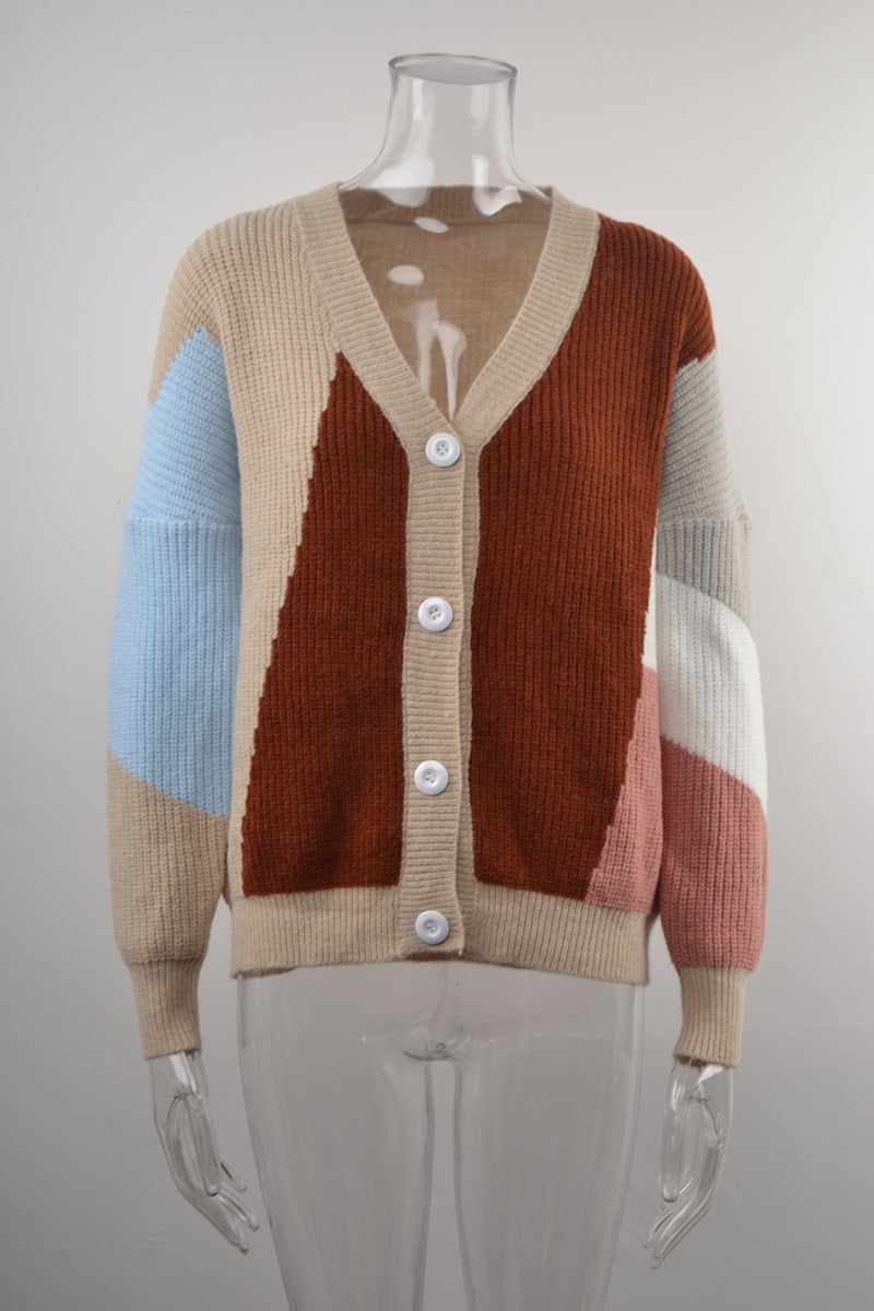 Button Down V Neck Knitted Multicolor Sweater Top