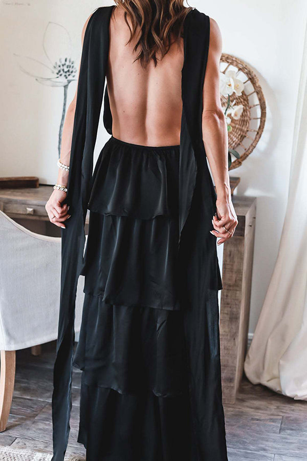 She's Angelic Satin Backless Tiered Maxi Dress