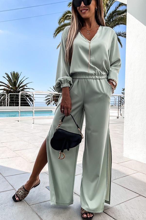 Anything You Need Satin Wide Leg Slit Pants Suit