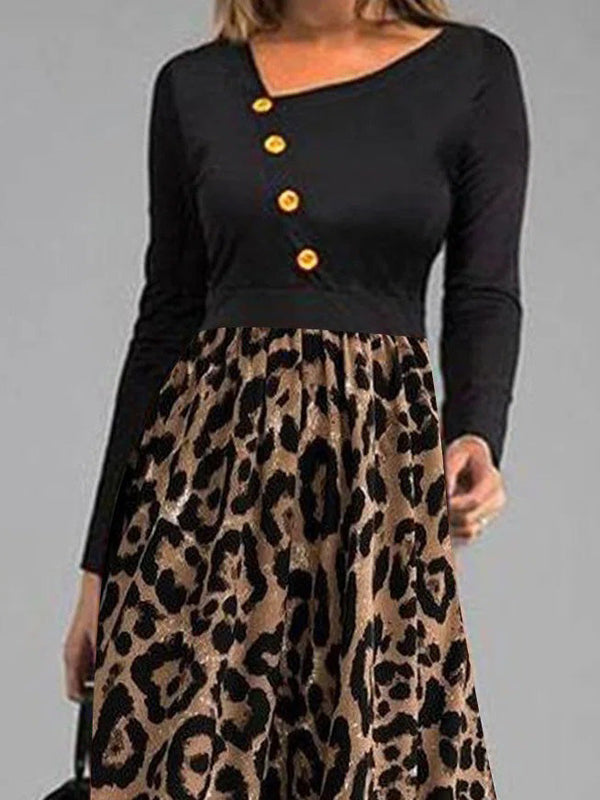 Women's Dresses Leopard Print Panel Button Long Sleeve Dress