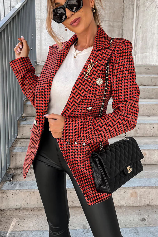 Out In NYC Double Breasted Houndstooth Blazer