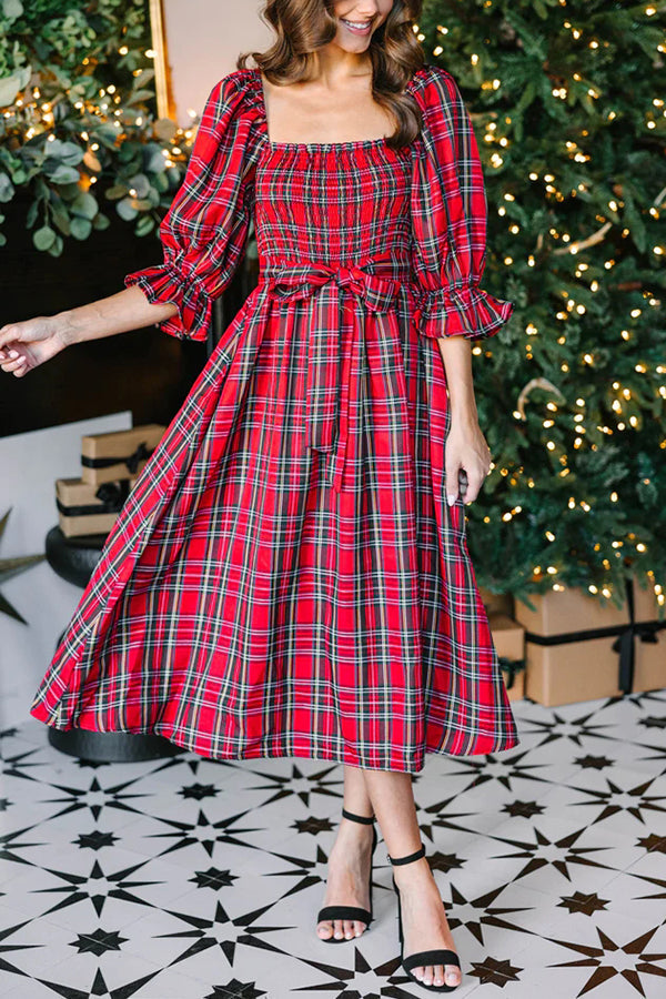 Christmas Means More Plaid Smocked Midi Dress