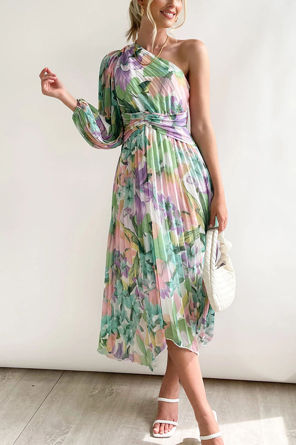 Bloom Your Own Way One Shoulder Pleated Midi Dress