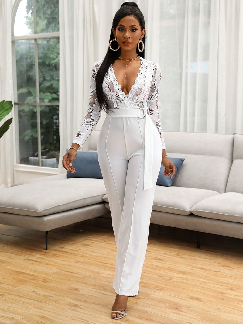 Casual Wide White Lace Panel Deep V Neck Jumpsuit