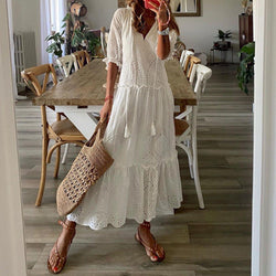 Romantic White Half Sleeve Maxi Dress