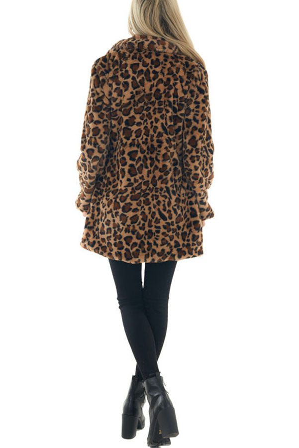 Serene Snowfall Pocketed Leopard Plush Coat