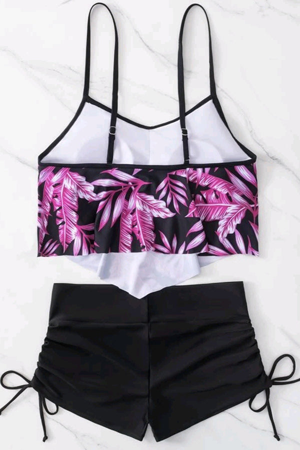 Tropical Print Hanky Hem Drawstring Bikini Swimsuit
