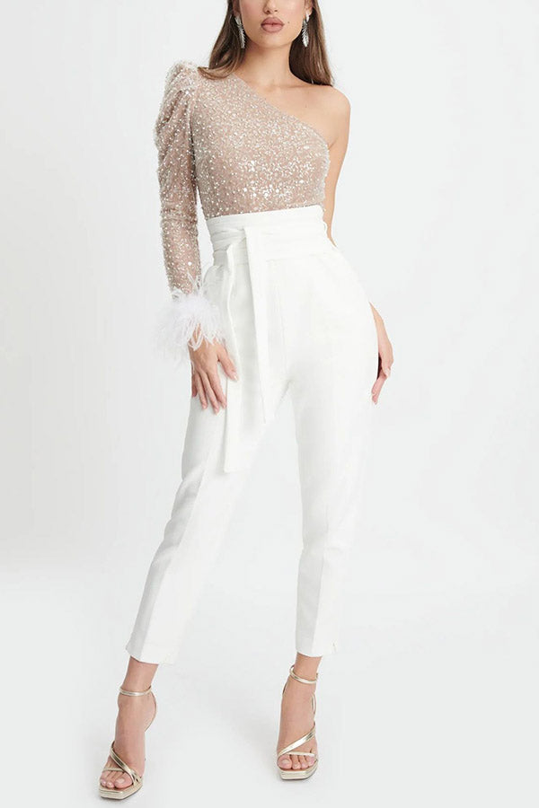 Claire One Shoulder Sequin Embellished Feather Jumpsuit