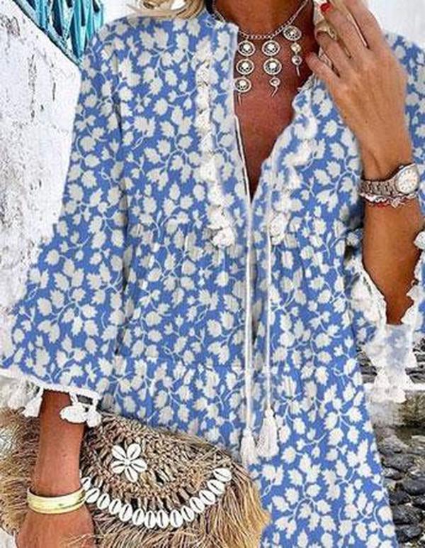 Chic Blue Printed V-Neck Loose Tassel Dress-