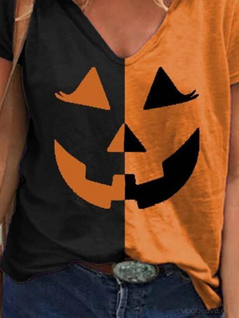 Halloween Pumpkin Print Contrast T-shirt