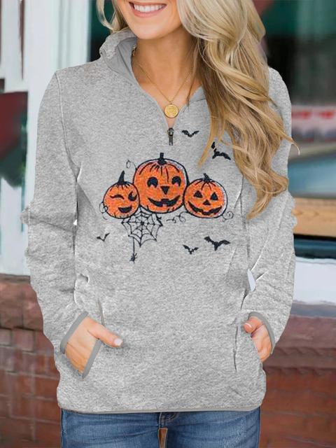 Halloween Print Zipper Up Sweatshirt