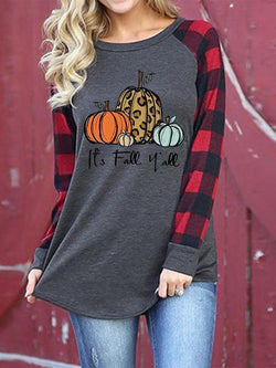 Halloween Pumpkin Print Plaid Sleeve T-shirt