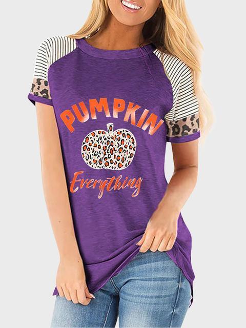 Halloween Stripes Leopard Pumpkin Print T-shirt
