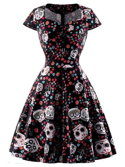 Halloween Vintage Skull Print Hepburn Dress