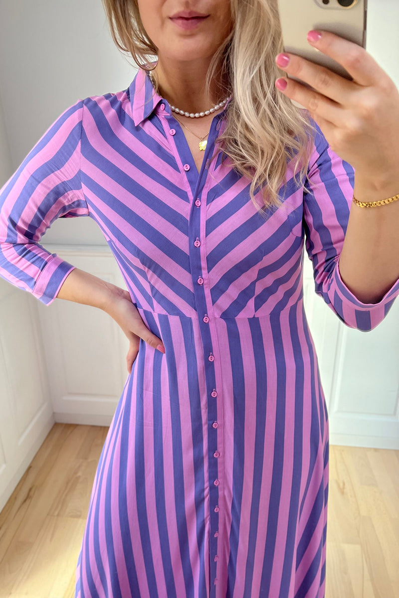 Stripe Long Sleeve Button Maxi Shirt Dress