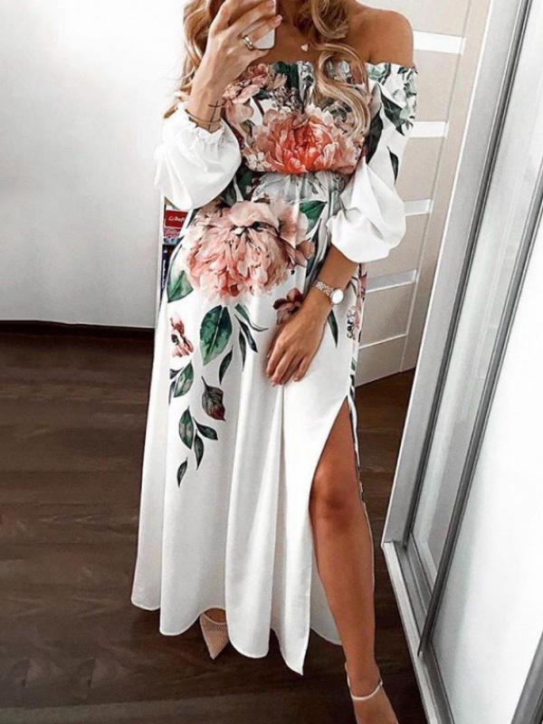 Women's Dresses Floral One-Shoulder Long Sleeve Split Dress