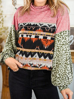 Women's T-Shirts Leopard Print Stitching Lantern Sleeve High Neck T-Shirts