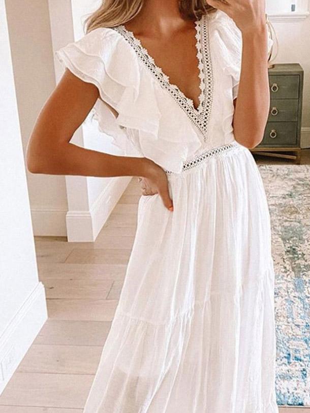 Lace V-Neck Short Sleeve Charming Dress
