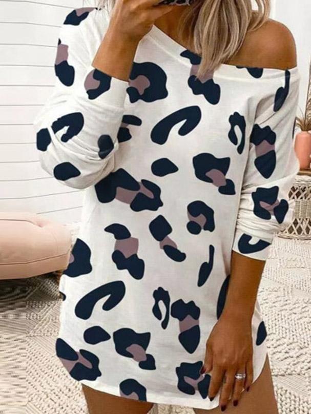 Leopard Print Off Shoulder Long Sleeve T-Shirt Dress