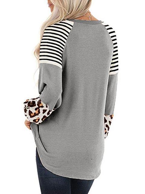 Leopard Print Striped Stitching T-shirt