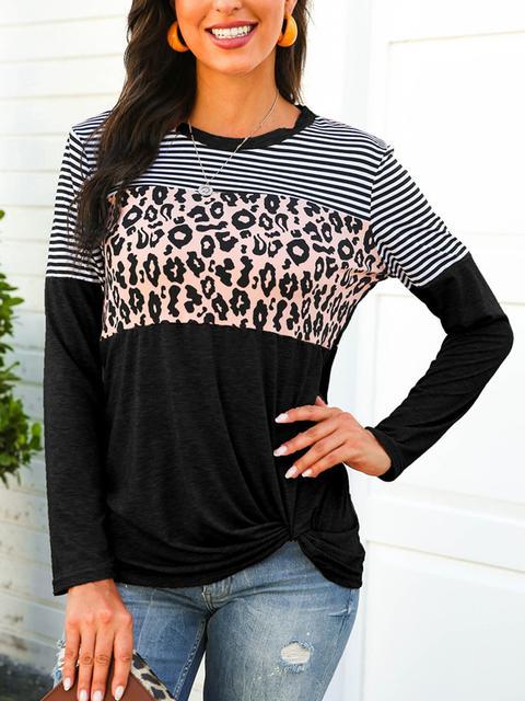 Leopard Stripes Print Long Sleeve Twisted Tops