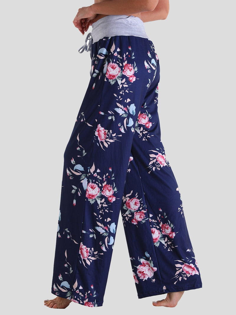 Loose Lace-Up Floral Print Casual Pants