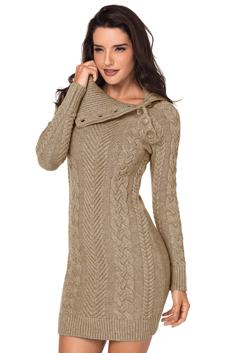 Long Sleeve Knitted Button Neck Sweater Mini Dress