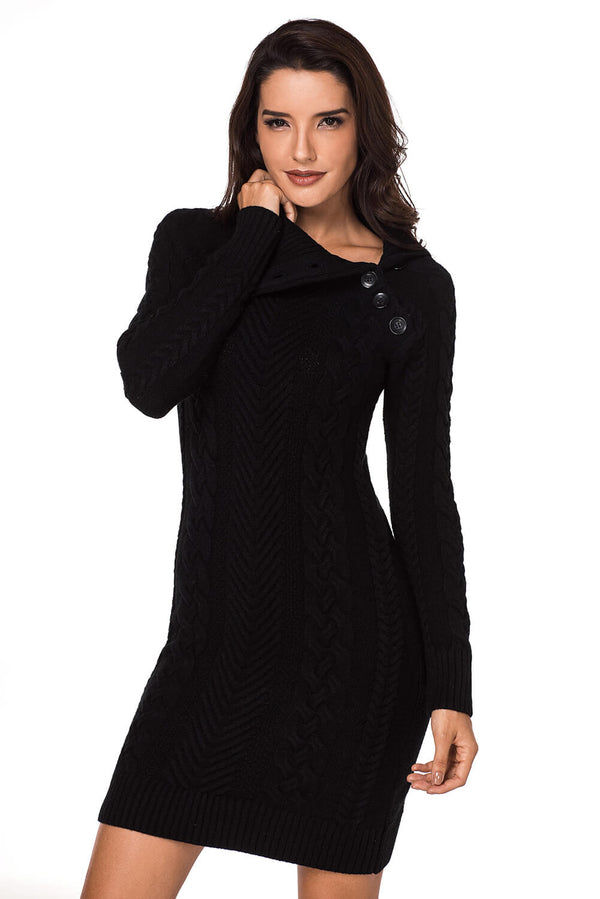 Long Sleeve Knitted Button Neck Sweater Mini Dress
