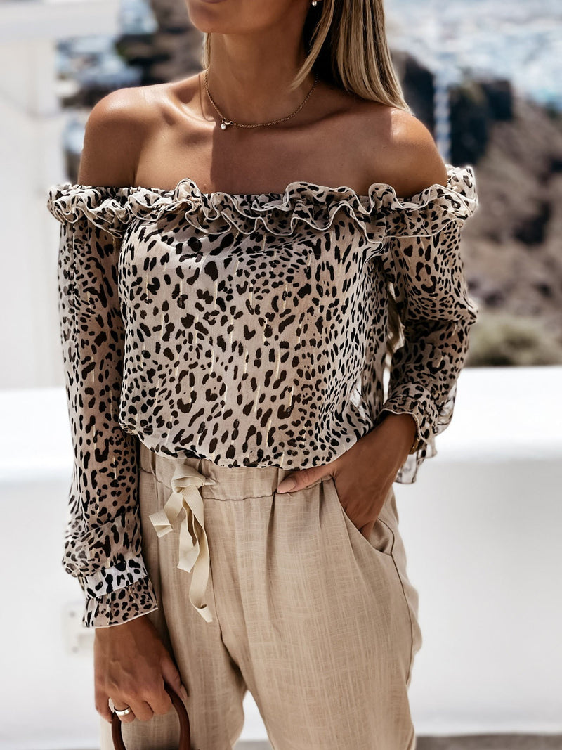 One-neck Cutout Leopard Print Casual Shirt