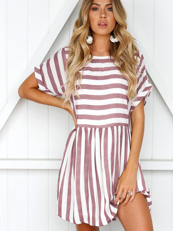 Pink Short Sleeve Stripe Summer Dress - Landing Closet