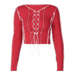 Patchwork Lace Up Long Sleeve Crop Tops