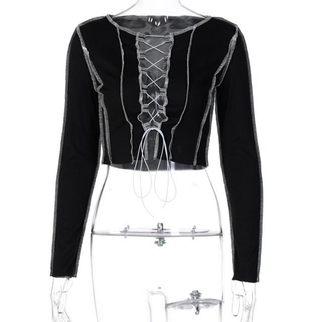 Patchwork Lace Up Long Sleeve Crop Tops